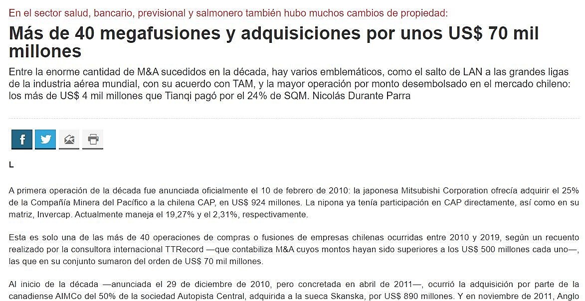 Ms de 40 megafusiones y adquisiciones por unos US$ 70 mil millones